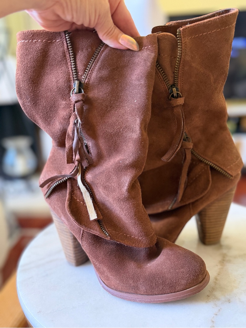 Kensie Halo Women's Suede Pull-On Mid-Calf Leather Boot in Brown